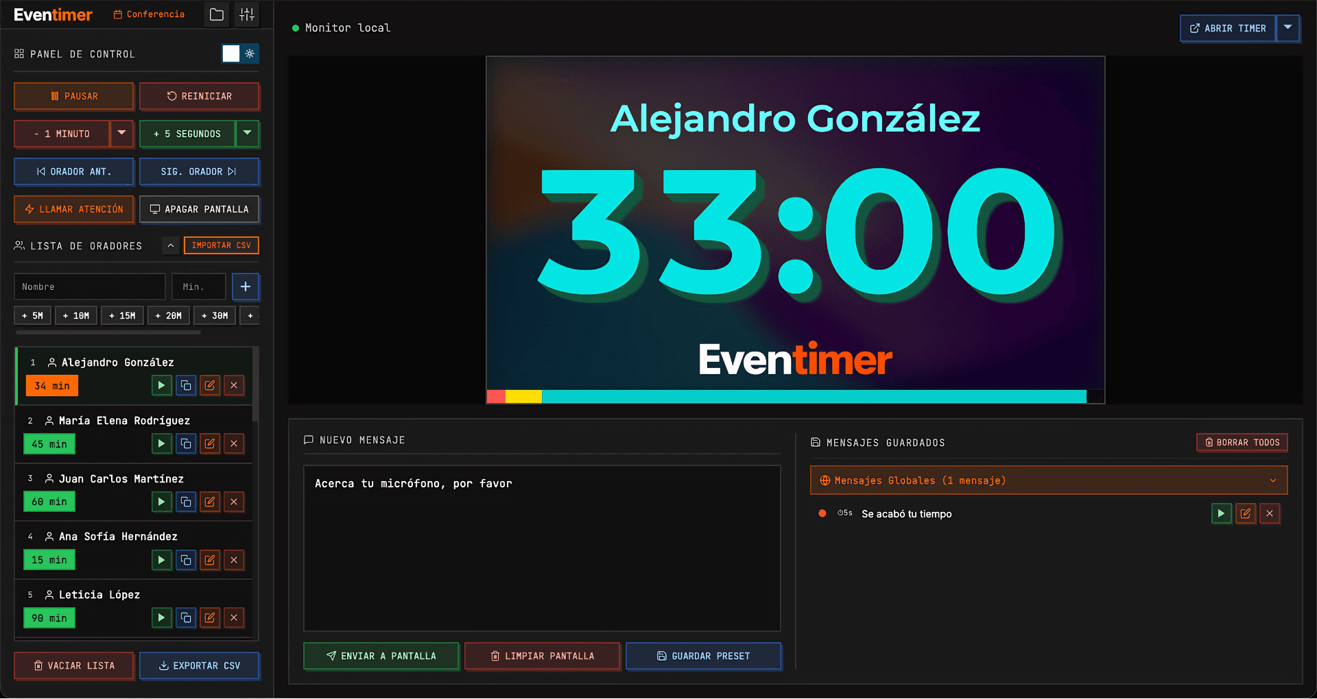 Captura de pantalla de la interfaz principal de Eventimer